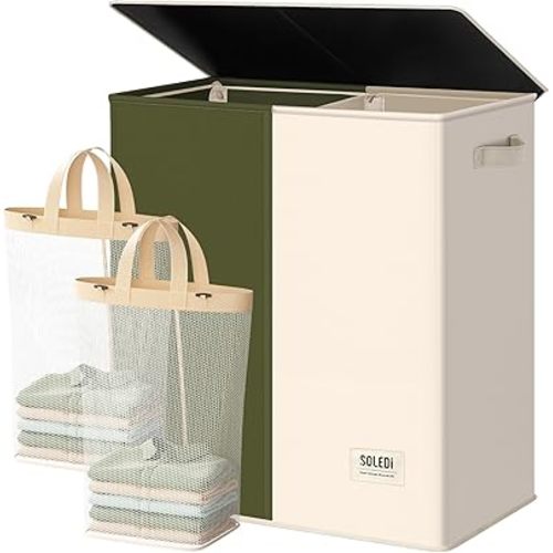 SOLEDI Large Double Laundry Hamper with Lid, Collapsible Clothes Hamper 2 section with Removable Bags, Space-Saving Laundry Basket for Bedroom, Dorm, College