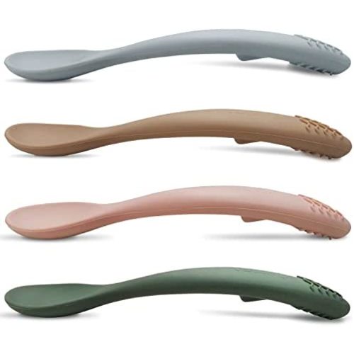 Silicone Baby Feeding Spoons 4 Pack | TotAha Ergonomic Self-feeding with Teether Toddler Utensils | Soft-Tip Infant Spoons | Curved Upwards & Wide Handle | Easy to Grip & Held for First Stage Baby