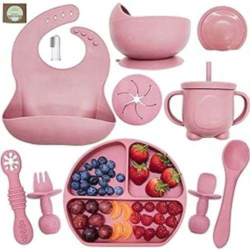O'doe 11-Pcs Silicone Baby Feeding Set – Baby Led Weaning Supplies With Suction Plates For Toddlers, Baby Plates and Bowls Set | Rose V1