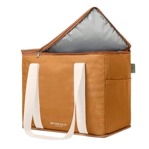 Nook Theory Reusable Insulated Grocery Bag - Leak Proof, X Large Cooler Bag - Insulated Shopping Bags for Groceries - Travel Cooler Bag for Frozen and Hot Food with Zippered Top (Caramel Cream)