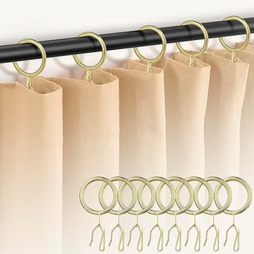 60Pcs Gold Curtain Rings and 60 Pcs Curtain Drapery Pin Hooks,Gold Shower Curtain Hooks for Drapes,32mm Internal Diameter for Window, Shower Curtain