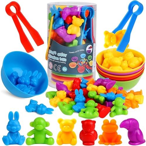 Counting Animals Color Sorting Matching Games with Sorting Bowls Montessori Sensory Early Educational Toys Learning Fine Motor Skill & Counting Math Toys Gift for 3 4 5 Year Old Boys Girls