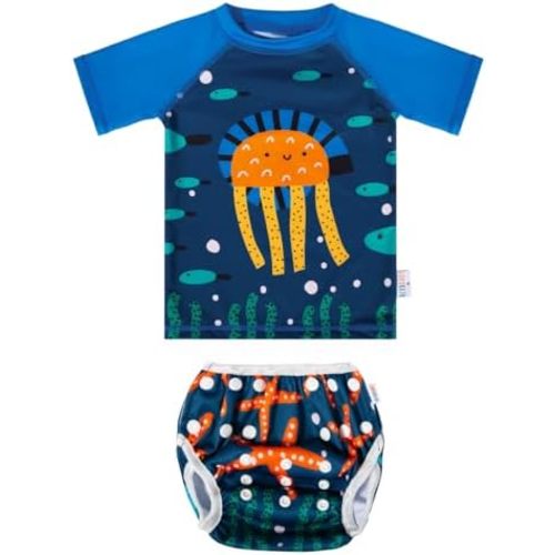 ALVABABY 2-Piece Baby Boy Swimsuit,Infant Toddler Bathing Short Sleeve Swimwear,Baby Reusable Swim Diaper with Matching Top
