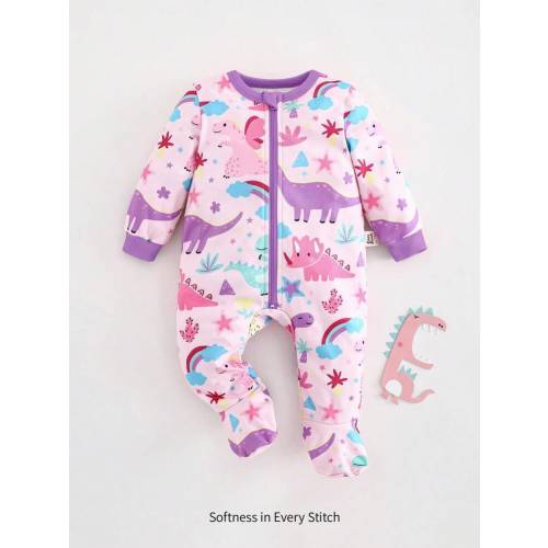 Cozy Pixies Newborn Baby Girl Cartoon Animal Dinosaur Rainbow Elephant Print Soft Knit Footed Romper, Purple, Long Sleeve Playsuit Sleepwear | SHEIN USA