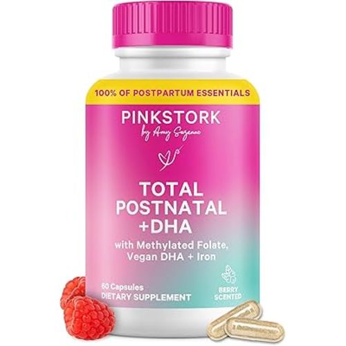 Pink Stork Total Postnatal Vitamins for Women with Vegan DHA, Iron, Folate, and Vitamin B12, Postpartum Recovery Essentials, Daily Supplement for Breastfeeding Moms - 1 Month Supply
