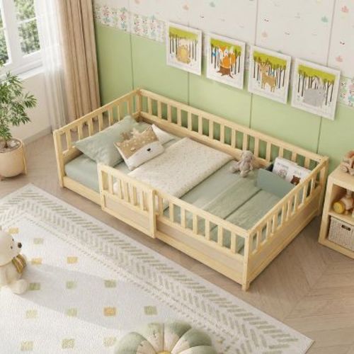 Bellemave Twin Size Montessori Floor Bed with High Guardrails, Opening Door and Pine Wood Frame, Natural Wood