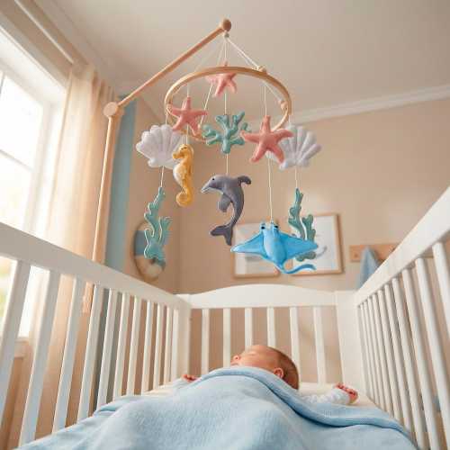 Ocean Sea Baby Mobile - Nautical Nursery Decor: Marine Felt Animals, Wooden Arm & Music Box. Neutral Baby Shower Gift, Crib Cot Hanging Toys