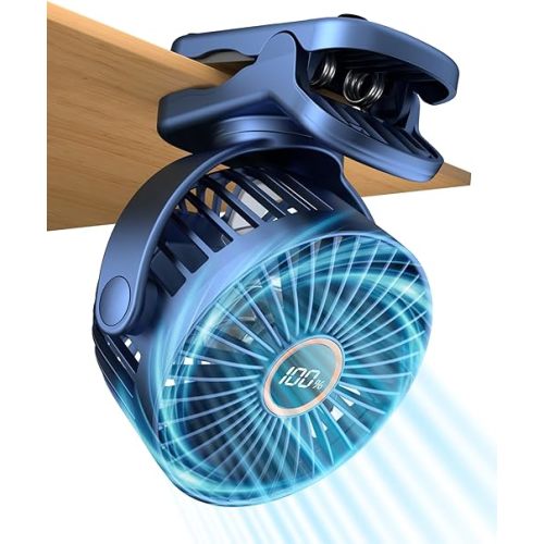 Portable Mini Personal Fan, Small Rechargeable Battery Powered Stroller Fan for Desk, Strong Clamp Grip, 360° Rotation, 3-Speed, LED Display, Clip On Cooler for Bed, Golf Cart, Office, Blue
