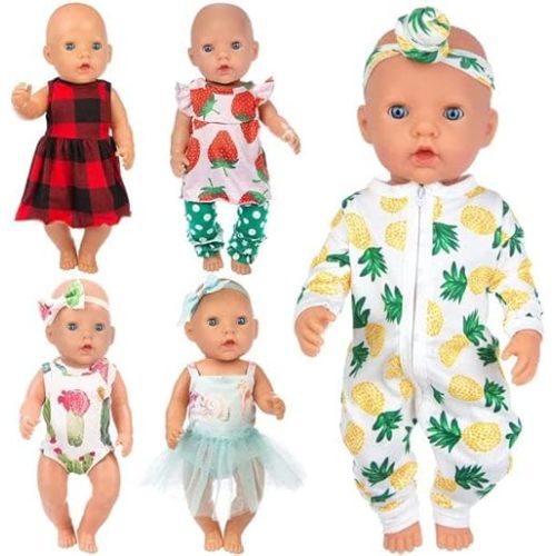 Ecore Fun 5 Sets 14-18 Inch Baby Doll Clothes and Headbands Outfits Pjs Baby Doll Accessories for 43cm New Born Dolls, 15 Inch Baby Dolls