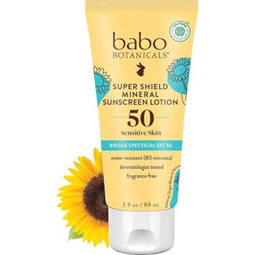 Babo Botanicals Sheer Mineral Sunscreen Lotion SPF 50 with 100% Mineral Active Ingredients for Babies, Kids or Extra Sensitive Skin, Lightweight, Water Resistant & Fragrance Free, 3 Fl Oz