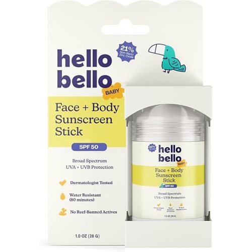 Hello Bello Baby SPF 50 Mineral Face + Body Sunscreen Stick - Water Resistant Broad Spectrum UVA + UVB Sun Protection, 1oz