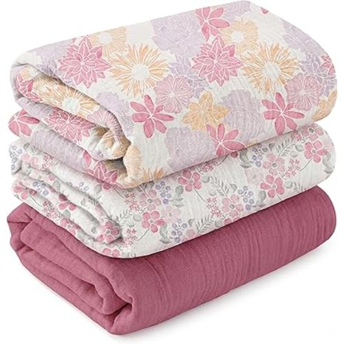 Muslin Swaddle Blankets for Newborns, 3-Pack Cotton Receiving Blankets, Large 40 x 38 inches, Breathable Soft Baby Blankets for Girls, Wrap Burp Cloths, Vintage Purple Floral