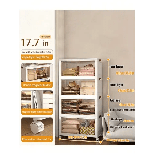 IRINNA Storage Bins with Lids - Folding Storage box with Doors and Wheels, Collapsible Plastic Storage Bins for Closets, Stackable Storage Organizer, Storage Containers for Closet