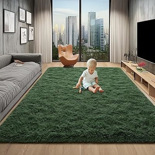 Foxmas Fluffy Dark Green Rug for Living Room, Shaggy Soft Fuzzy 6x9 Large Area Rugs for Bedroom, Thick Non-Slip and Machine Washable Indoor Carpet for Kids Girls Boys Nursery Dorm Home Decor
