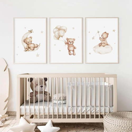 3PCS Neutral Cute Teddy Bear Baby Wall Art Canvas Hot Air Balloon Bear On Cloud Moon Painting Posters For Boys Girls Nursery Kids Playroom Room Decorches