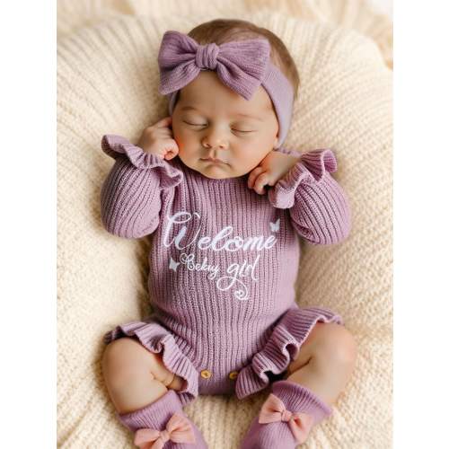 SHEIN 2Pcs Set Knitting Newborn Ruffle Romper With Bow Headband Butterfly "Welcome" Embroidery Newborn Baby Photography Outfits