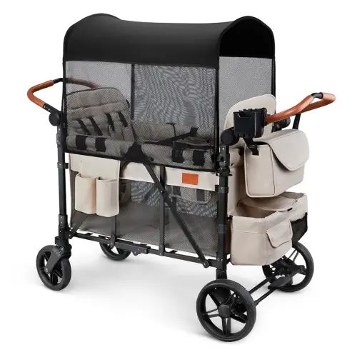 Wagon Stroller for 4 Kids, All-Terrain Wagon for Toddler with Canopy, Parent Organizer, Shoulder Bag, Adjustable Handlebar, Phone Holder, High Seat & 5 Point Harness, Ultimate Quad (Beige)