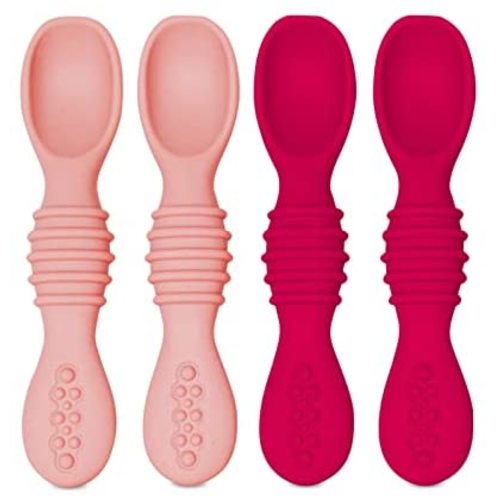 Silicone Baby Spoons for Baby Led Weaning 4-Pack, First Stage Baby Feeding Spoon Set Gum Friendly BPA Lead Phthalate and Plastic Free, Great Gift Set (Pink)