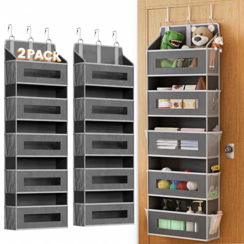 2 Pack 5 Tier Over the Door Organizer for Bathroom, Bedroom, Pantry, Grey | 48 lb Load Capacity, Anti Tilt Design, Hanging Closet Organizer with Clear Windows and 10 Pockets, Door Storage for Nursery