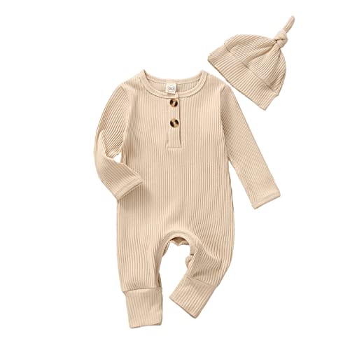 Infant Boys Girls Clothes Set Newborn Baby Romper Hat Ribbed Knit Long Sleeve Button Solid Bodysuit Jumpsuit