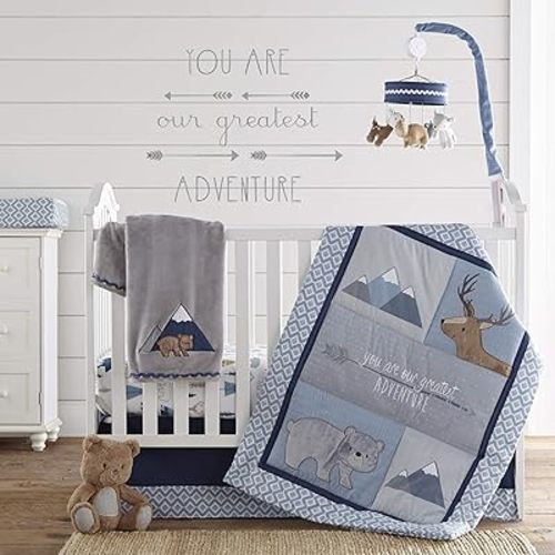 Levtex Baby - Emerson Crib Bed Set - Baby Nursery Set - Navy, Blue, Grey and Tan - Animal Adventure - 4 Piece Set Includes Quilt, Fitted Sheet, Wall Decal & Dust Ruffle