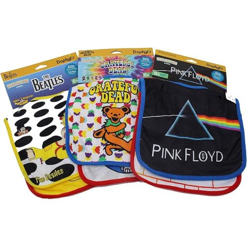 daphyls Grateful Dead, The Beatles, and Pink Floyd Baby Bib 6-Pack Extra Soft, Officially Licensed, Easy Side Closure, Large Size Fits Infant Toddler and Baby