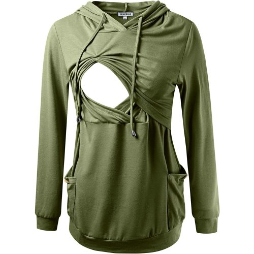 GINKANA Womens Nursing Hoodie Top Sweatshirt Long Sleeve Button Decoration Pockets Shirts Tunic Top