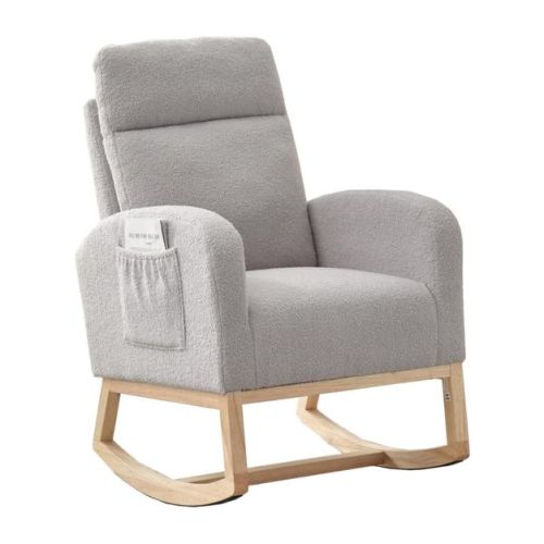 GustoWave Light Gray Teddy Fabric Nursery Rocking Chair with High Back, Side Pockets, Solid Wood Base and 300 lb Capacity