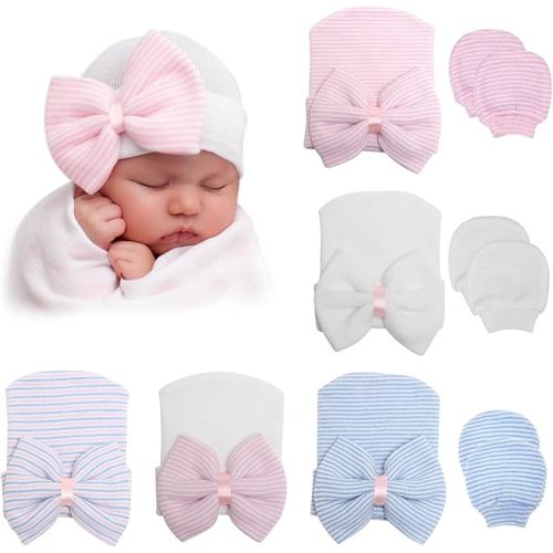 BQUBO Newborn Baby Caps Mittens for Baby Girls Baby Hats Scratch Mitten Gloves Set Soft Hospital Hat Infant Hats with Bow