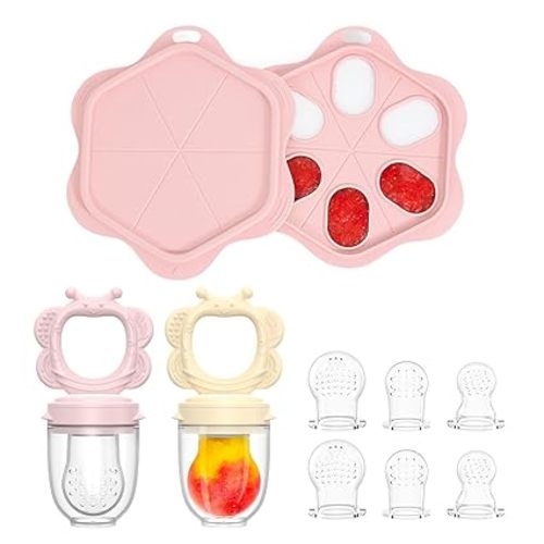 Silicone Baby Fruit Food Feeder (2 Pack) with Freezer Nibble Tray, Breastmilk Popsicle Molds for Baby Teething Relief, Silicone Feeder for Safe Infant Self Feeding, BPA Free, Dishwasher Safe, 3 Month+