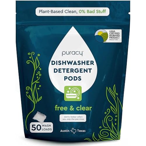 Puracy Dishwasher Pods, Natural Dishwasher Detergent, Free & Clear Dish tabs - Enzyme-Powered, Spot & Residue Free - TikTok Trend Items, Must Haves from TikTok Made Me Buy It (Free & Clear, 50 Count)