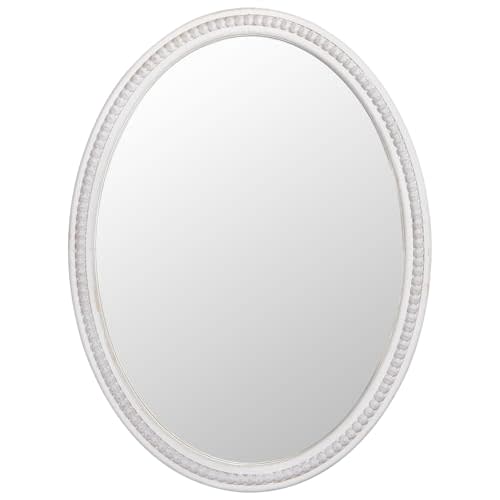 24" x 32" Wall Mount Wood Beaded Frame Oval Mirror, White Real Glass Modern Farmhouse Decorative Mirror for Bathroom Vanity, Entryway, Bedroom