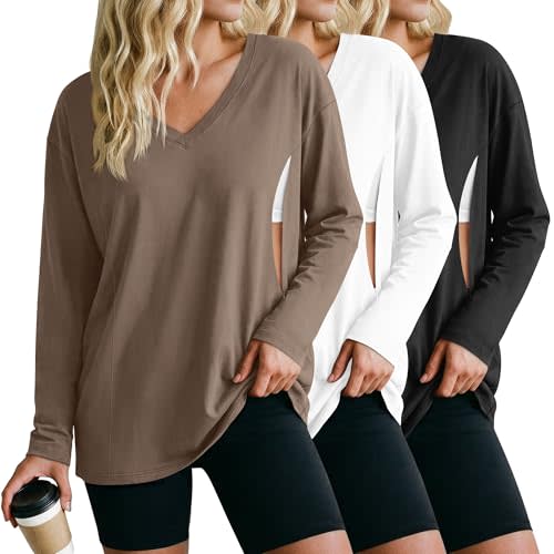 3 Pack Women's Oversize Nursing Shirts for Breastfeeding with Hidden Zippers Loose Fit Long Sleeve Maternity Tops