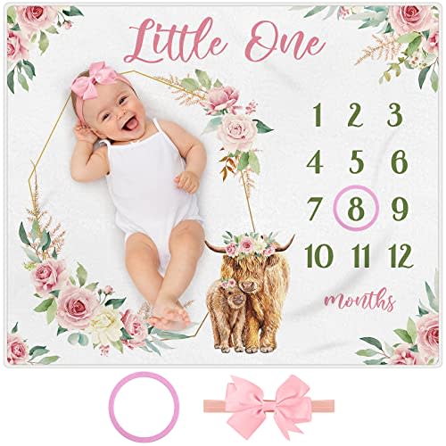 Mixweer 3 Pcs Highland Cow Monthly Baby Milestone Blanket for Girls 47" x 40'' Baby Milestone Blankets Soft Fleece Photography Background Newborn Growth Chart with Bow Headband Felt Circle(Pink)