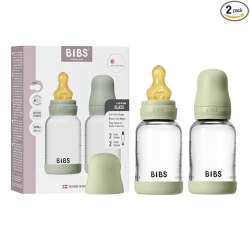 BIBS Glass Baby Bottle, 120 ml, 2-Pack, Natural Rubber Nipple, Sage | Anti-Colic | Natural Rubber Latex Nipple | Slow Flow | Supports Breastfeeding | Made in Denmark | Familiar BIBS Nipple