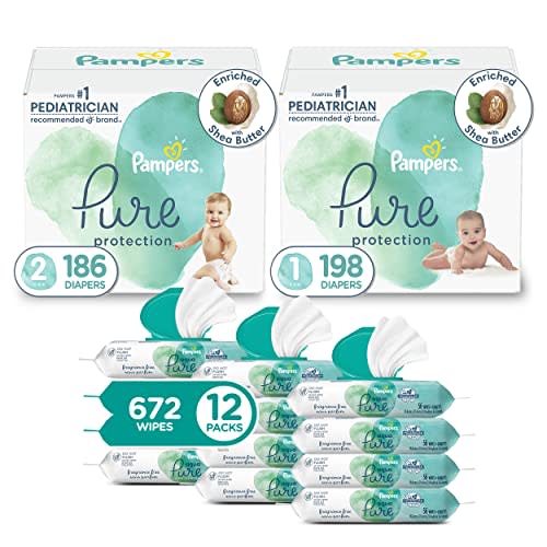 Pampers Pure Protection Disposable Baby Diapers Starter Kit (2 Month Supply), Sizes 1 (198 Count) & 2 (186 Count) with Aqua Pure Sensitive Baby Wipes, 12X Pop-Top Packs (672 Count)