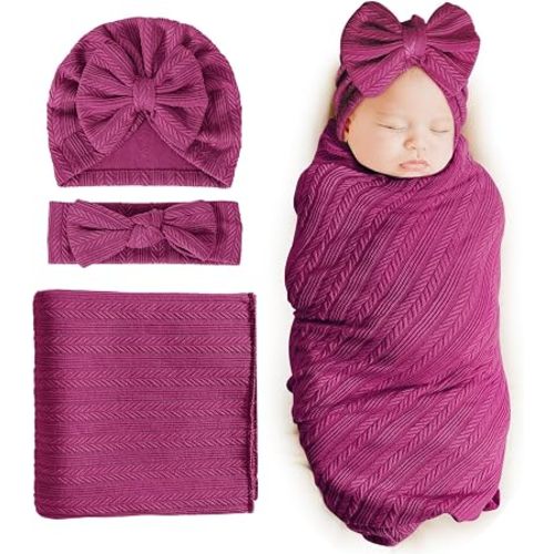 DRESHOW BQUBO Newborn Receiving Blanket Toddler Warm for Girls with Bow Hat and Bow Headband Shower Gift