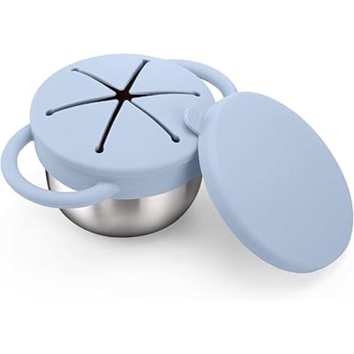 BUSOHA Stainless Steel Toddler Snack Cups - 9 OZ Spill-Proof Baby Snack Containers with Silicone Catcher and Lid Travel Snack Containers for Kids Food Grade Silicone Dishwasher Safe,Blue