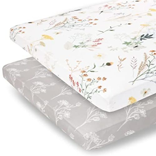 Pobibaby - 2 Pack Premium Pack N Play Sheets Fitted for Standard Pack and Plays and Mini Cribs - Ultra-Soft Jersey Knit, Stylish Floral Pattern, Safe and Snug for Baby (Wildflower) - Pack n Play Sheets 2 Pack