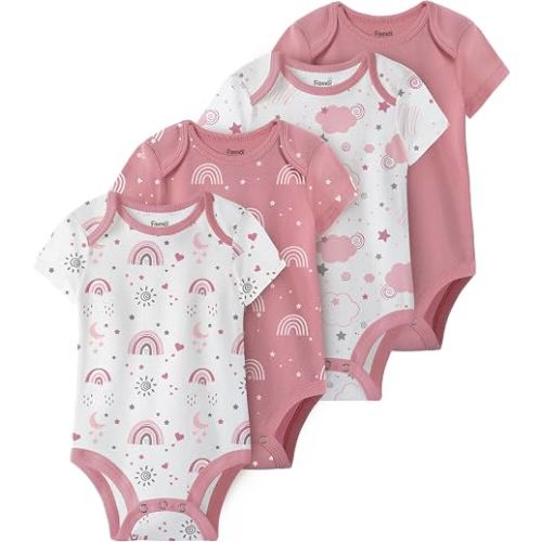 FIEMOL Baby Bodysuits 3-6 Months 100% Cotton, Soft Short Sleeve Toddler Infant Body Suits for Boys Girls 4 Pack Pink Rainbow