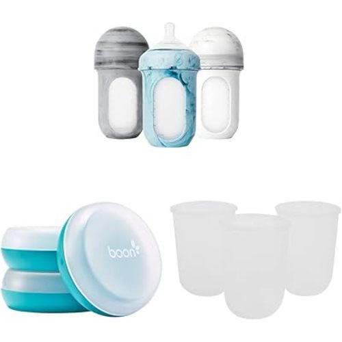 Boon NURSH Reusable Silicone Baby Bottles & NURSH Storage Buns (Pack of 3), Blue-White,3 Count (Pack of 1) & NURSH Reusable Silicone Replacement Pouch, 3 Months and up, 8 Ounce (Pack of 3)