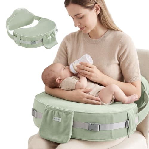 Blissful Diary Nursing Pillow for Breastfeeding - Deluxe - Sage Green | Soft yet Supportive Dual-layer Foam Design, Ergonomic Lumbar Support & Arm Cozy, Handy Side Pocket, Washable Cover