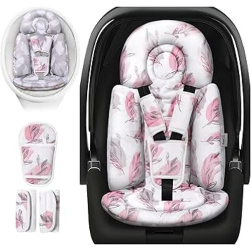 Upgraded Infant Car Seat Insert, 2-in-1 Reversible Baby Car Seat Head Support with 3 Strap Covers, All Seasons Newborn Car Seat Insert and Carseat Cushion for Stroller, Swing, Bassinets(Pink+Grey)