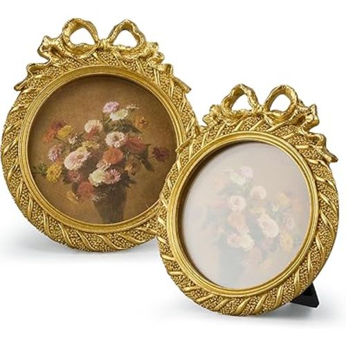 Chunful 1 Pcs Vintage Gold Bow Picture Frames 3.5x3.5 Inch Round Antique Photo Frames Ornate Baroque Resin with Glass Front for Home Tabletop Display Wedding Gallery Wall Hanging Party Decor