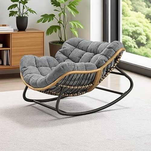 Papasan Rocking Chair with Steel Frame, Oversized Outdoor Rocking Chair with Comfy Thick Cushion, Wicker Rattan Lounge Rocker, Indoor Outdoor Egg Chair for Patio, Balcony, Living Room, Gray