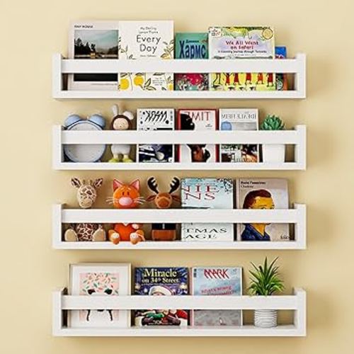 Floating Nursery Book Shelves for Wall Set of 4, 16.5Inch Wall Bookshelf for Kids Room, Solid Wood Book Shelf for Baby Toddler, Wall Shelves for Bedroom Bathroom Toy and Decor Storage (White)