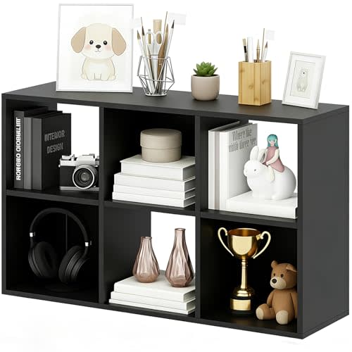 6-Cube Storage Organizer, Black Bookshelf with Open Compartments for Home Office, Modern Bookcase Display Shelf for Living Room, Bedroom & Entryway