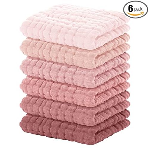 Yoofoss Muslin Baby Washcloths 100% Organic Cotton Face Towels 6 Pack Wash Cloths for Baby 12x12in Soft and Absorbent Baby Wipes (Gradient Pink)