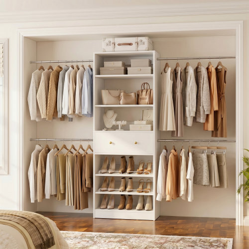 Rebrilliant 23.5 - 117.7'' W Closet Organizer System with Wooden Drawer and Hanging Rods | Wayfair