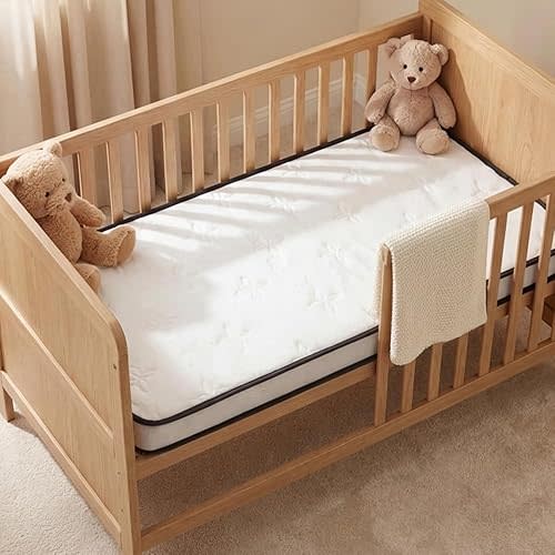 PlayPals Kids Baby Cot Mattress, 10cm Thick Pocket Spring Mattress, Plush Foam Medium Firm for Children Relieve Pressure, Breathable Soft Knitted Fabric, Vacuum Packed(132cmx70cmx10cm)